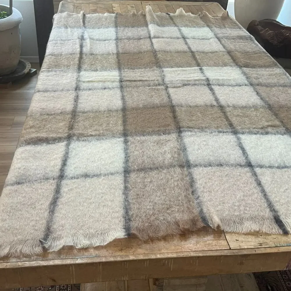 Super Soft Throw Blanket Mohair Wool Blend Brown Plaid Made in South Africa